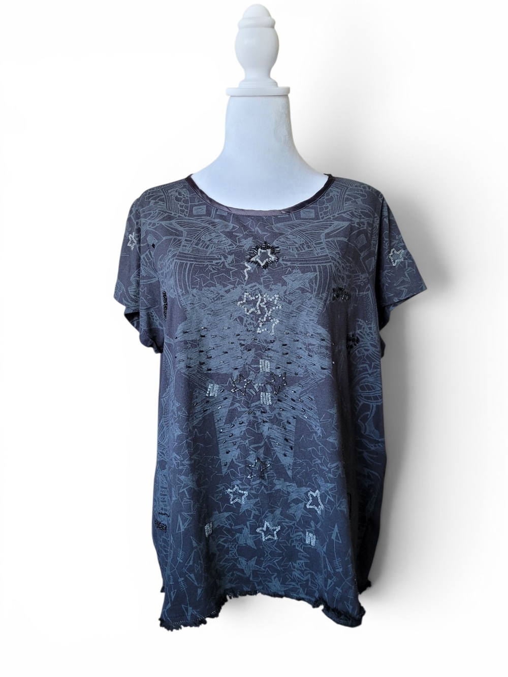 Mblm Beaded Fairy Grunge Starburst Graphic T-shirt Fringe Hem Black Grey 1X